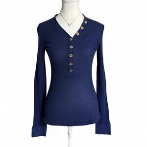 Mimi & CoCo Luxury Brand Made In Italy Blue Gold Button Henley Fitted Size Small